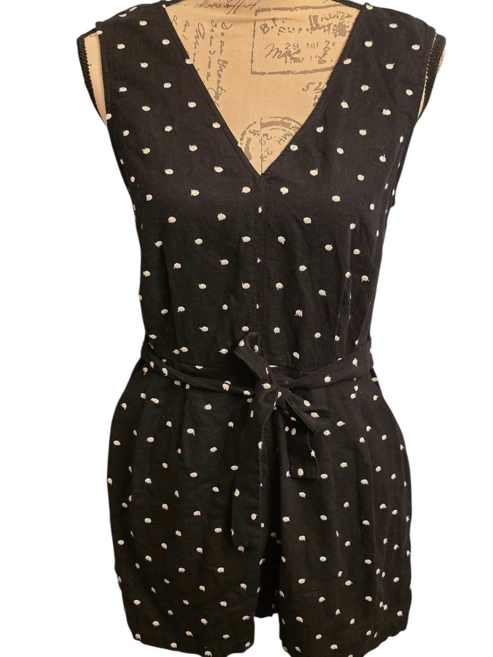 LOFT Black Polka Dot V-Neck Sleeveless Romper With Pockets 00 Euc